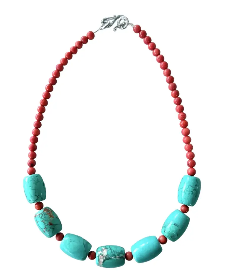 18" Turquoise And Coral Beaded Necklace With Silver Tone Hook Clasp - Designed By Matthew Izzo 1