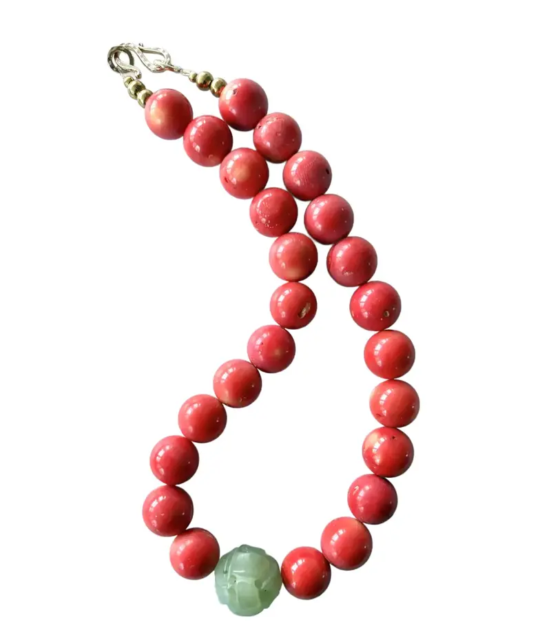 19" Coral And Carved Jade Beaded Necklace - 2025 S/S Collection By Matthew Izzo 1