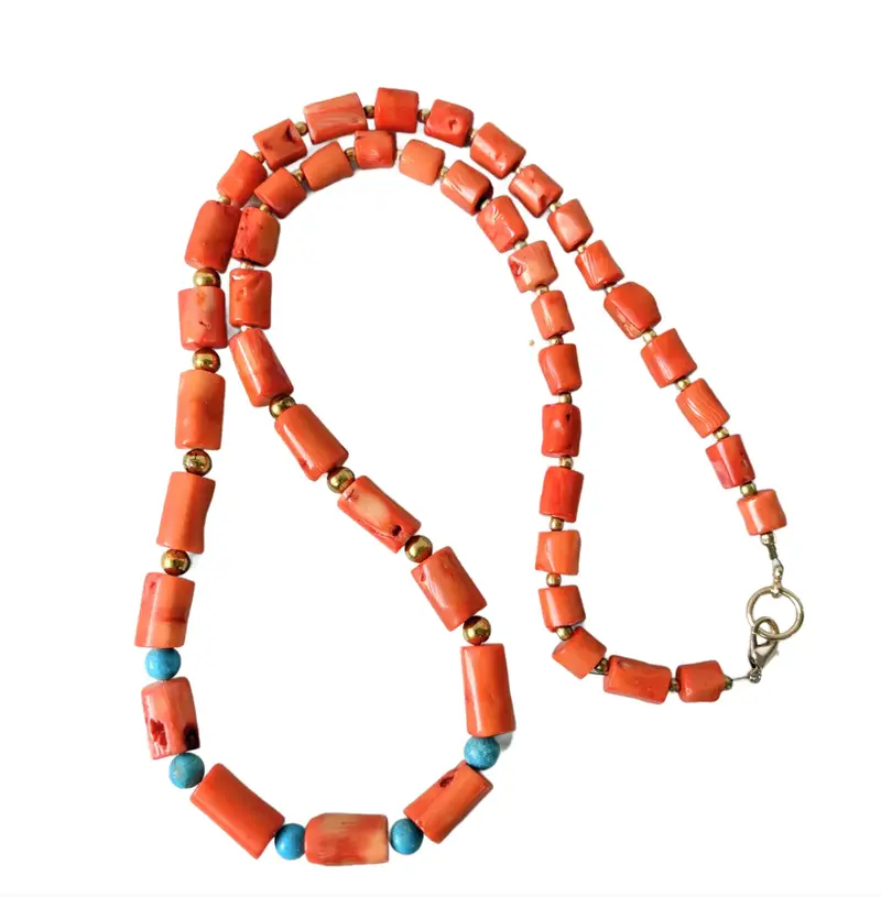 30" Coral Branch And Turquoise Beaded Necklace With Antiqued Gold Tone Spacers - Designed By Matthew Izzo 1