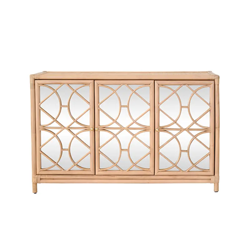 Aria Natural Rattan Three Door Buffet Cabinet With Mirro Front Doors And Adjustable Shelves 1
