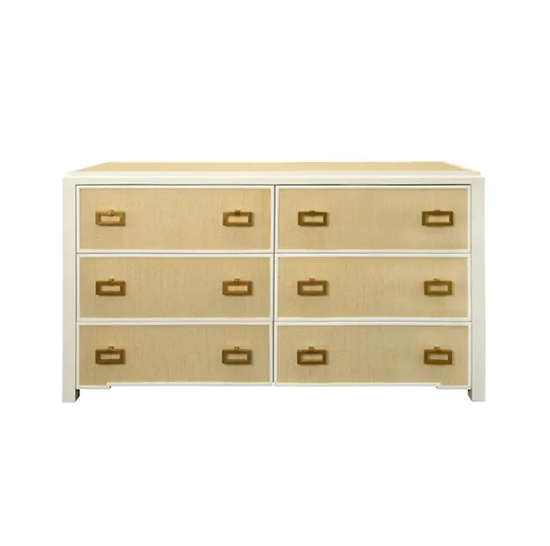 Atticus Natural Grasscloth And Matte White Lacquer Six Drawer Chest With Satin Brass Drawer Pulls 1