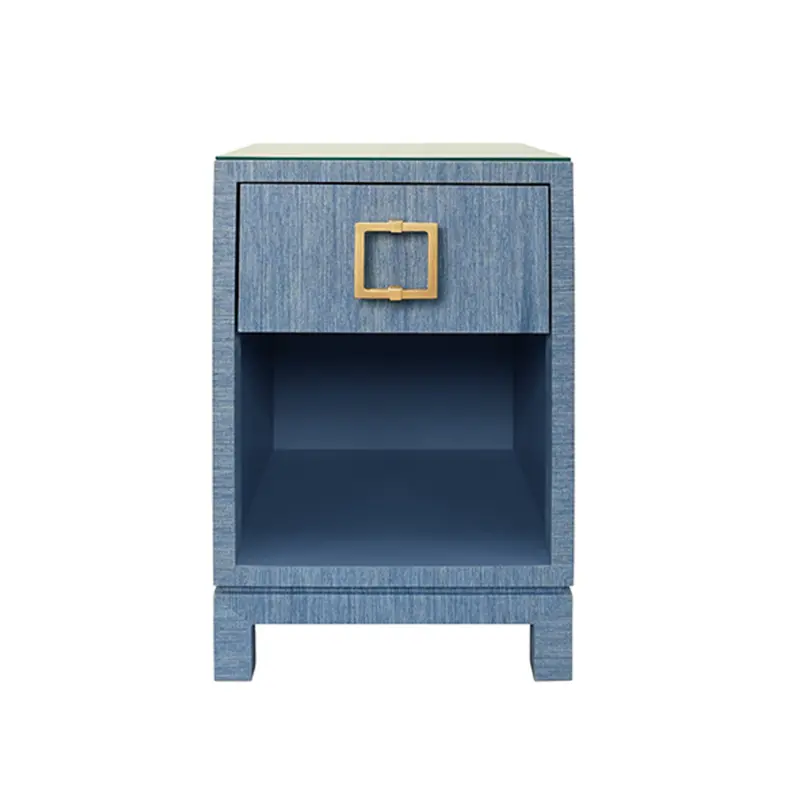 Blair Light Blue Grasscloth One Drawer Square Side Table With Satin Brass Drawer Pull And Glass Top 1