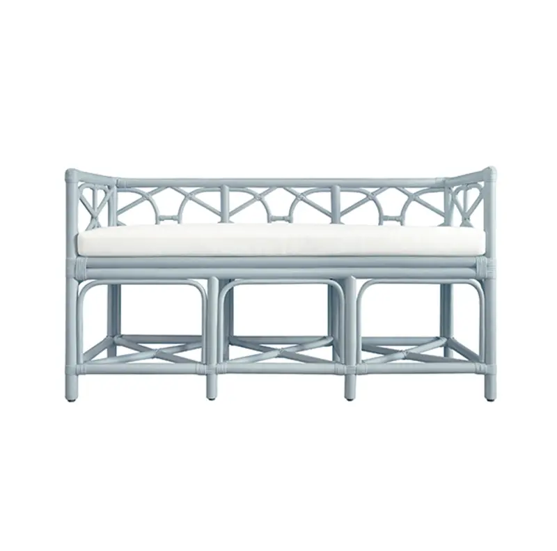 Ferguson Light Blue Rattan Bench With Ivory Linen Performance Cushion 1