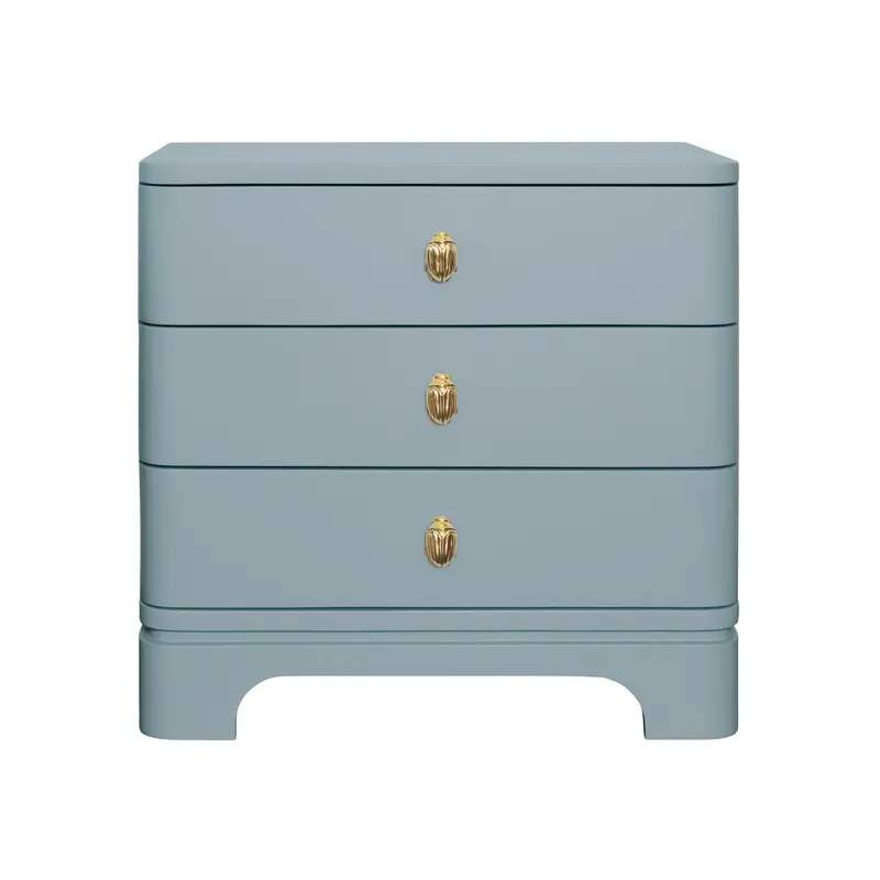 Fortune Rounded Edge Three Drawer Side Table - Blue Matte Lacquer W/Brass Beetle Knobs 1