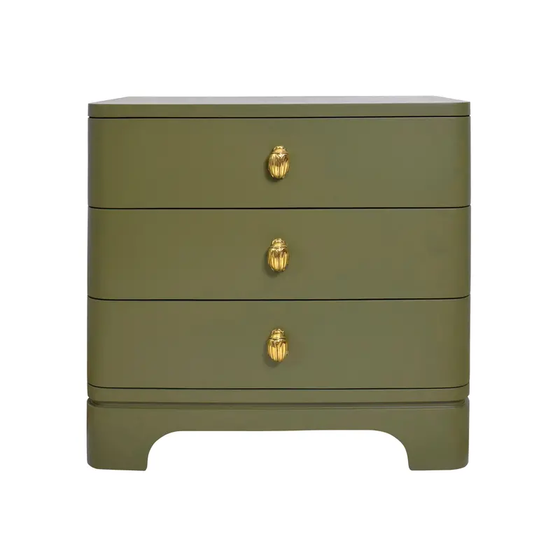 Fortune Rounded Edge Three Drawer Side Table - Matte Olive Green Lacquer W/Brass Beetle Knobs 1