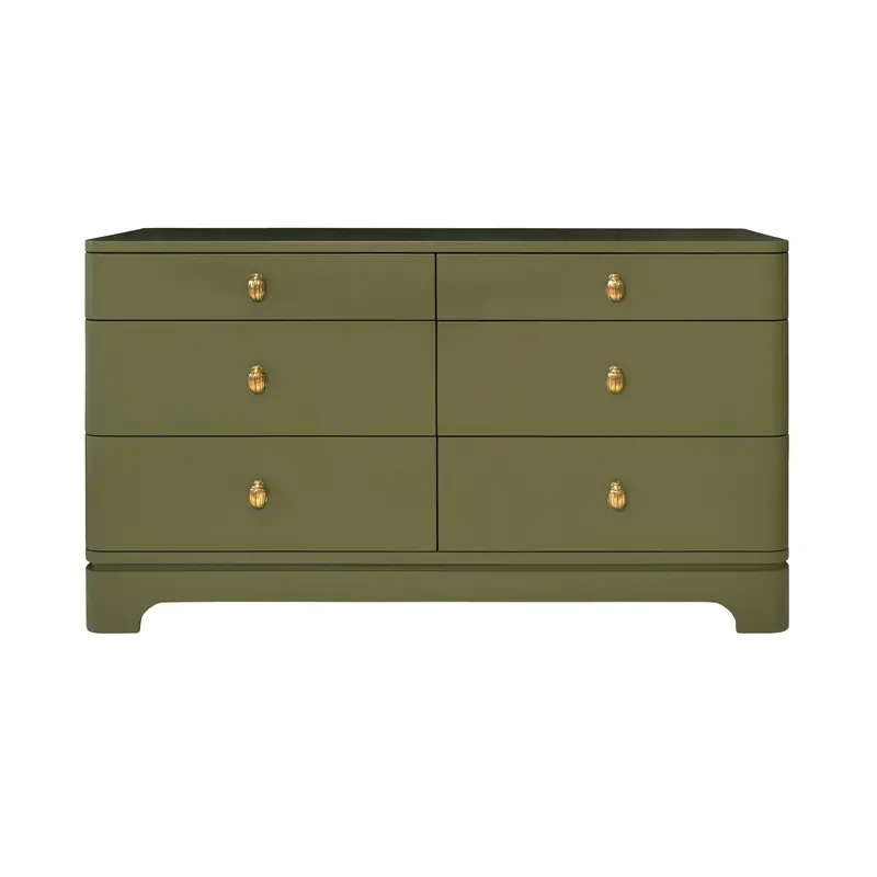 Kilmer Rounded Edge Six Drawer Chest  - Olive Green Matte Lacquer W/Brass Beetle Knobs 1