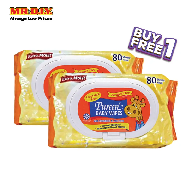 Pureen Extra Moist Baby Wipes Fragrance Free With Clip Cover (2Pcs X 80'S) 1