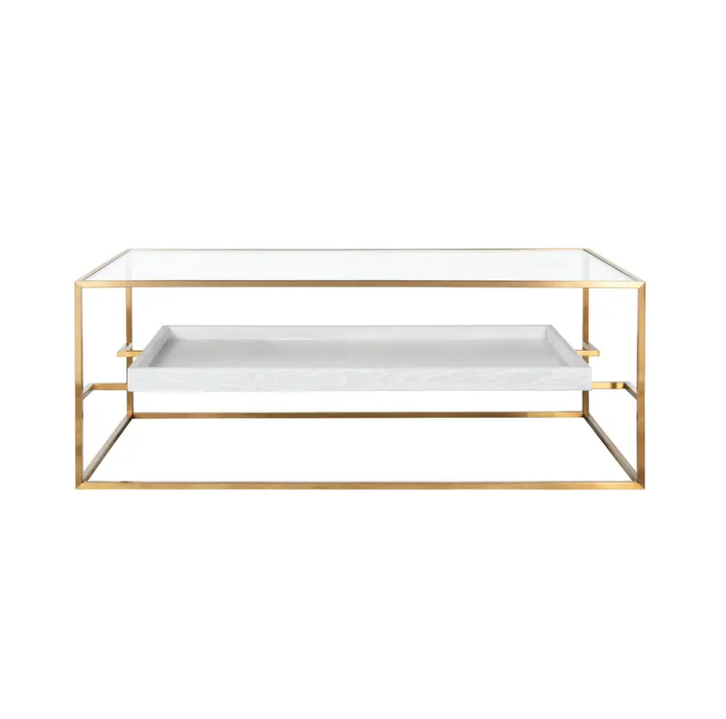 Reagan Glass Top Brass Framed Coffee Table With White Washed Oak Tray 1
