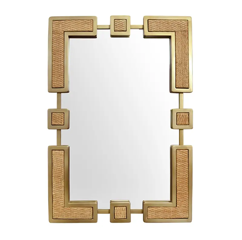 Roro Rectangular Mirror With Curved Brass Sectioned Frame And Inset Woven Rattan 1