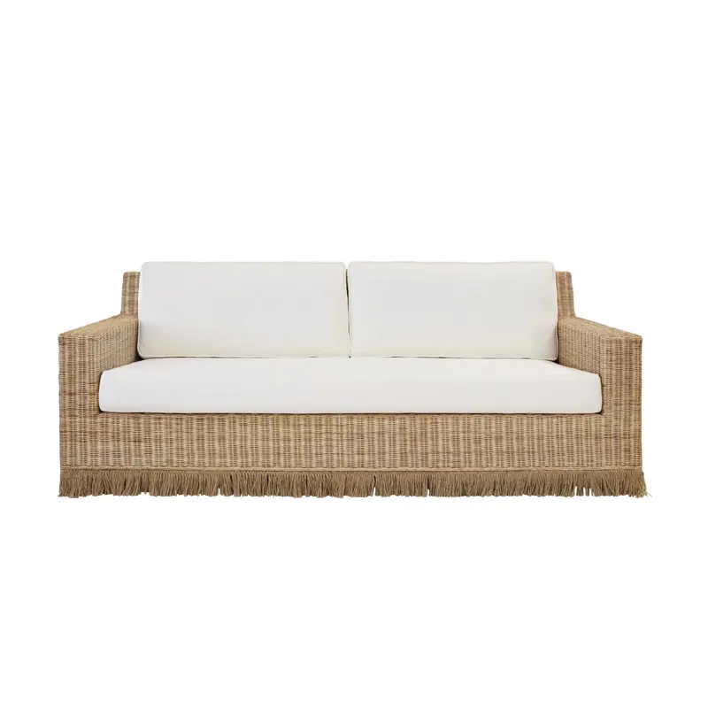 Tenny Lawson-Style Rattan & Ivory Linen Sofa With Fringed Skirt 1