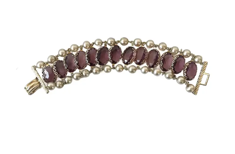 Vintage Estate Coro Gold Plated Bracelet With Faux Pearls And Amethyst Stones 1
